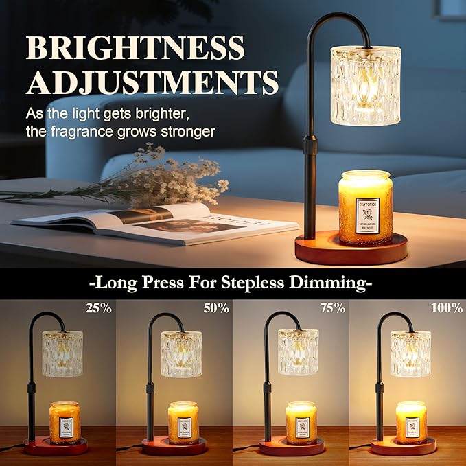 Dreamholder Electric Candle Warmer Lamp with Timer & Dimmer, Adjustable Height Wax Melt Warmer for Jar Candles, Wood Base Candle Melter, Floral Home Decor Gifts for Women, Walnut Black