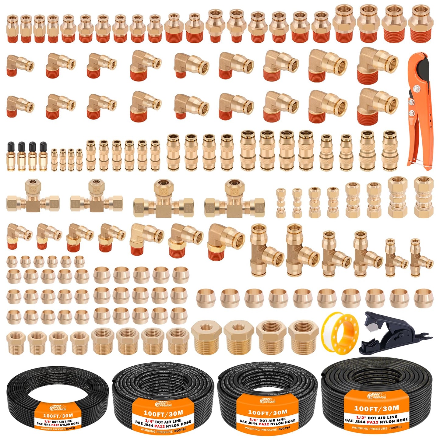 CheeMuii 156 PCS Brass DOT Air Line Fittings with 4 Roll 100FT 1/8" 1/4" 3/8" 1/2" DOT Air Lines Kit Push Lock Air Fitting Quick Connect Air Fittings with Air Hose Pneumatic Tubing