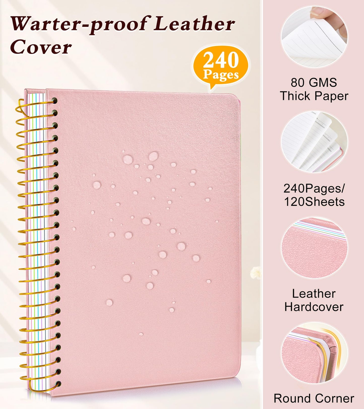 5 Subject Notebook College Ruled with Removable Pocket Dividers Tabs, 240 Pages Spiral Notebook 8.5 x 11, Lined Journal Notebook for Women , Hardcover Notebooks for Work School Note taking A4 Pink