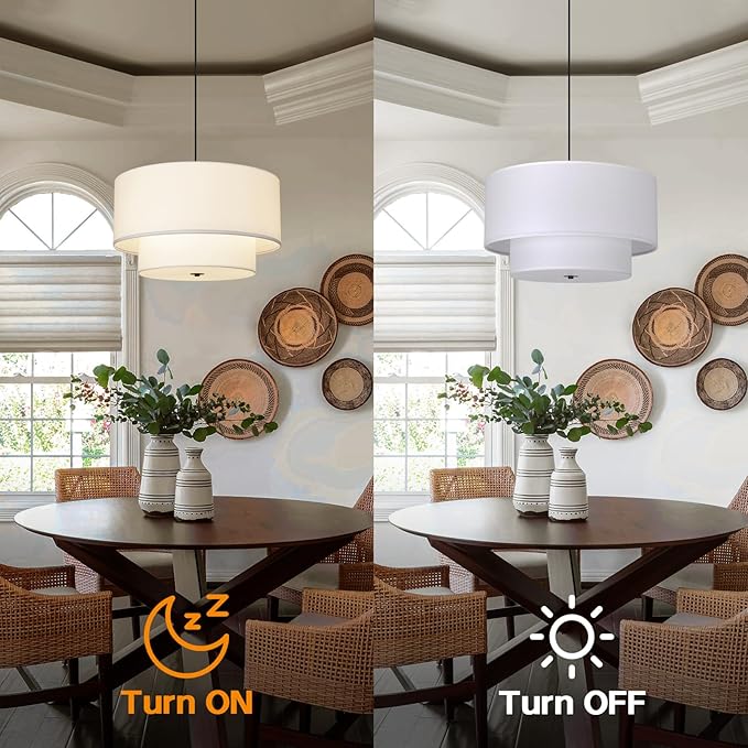 18" Drum Fabric Pendant Light, Large Modern Hanging Ceiling Chandelier Fixture with Dual Layer Fabric Shade, Ideal for Dining Room, Living Room, Bedroom, and Kitchen