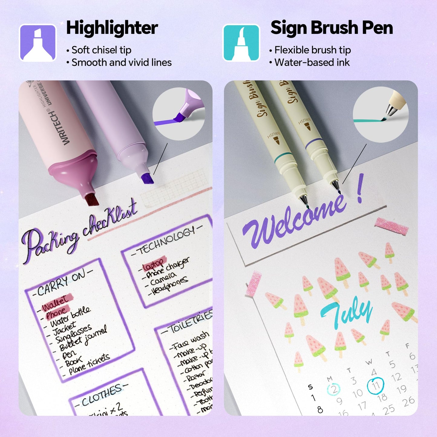 WRITECH Aurora Gel Ink Pens: Wonderland Journaling Pens Set, Gradient Barrels Black Ink Pens Pastel Highlighters Brush Markers, No Bleed Smooth Writing Drawing Gift for Friends 12ct