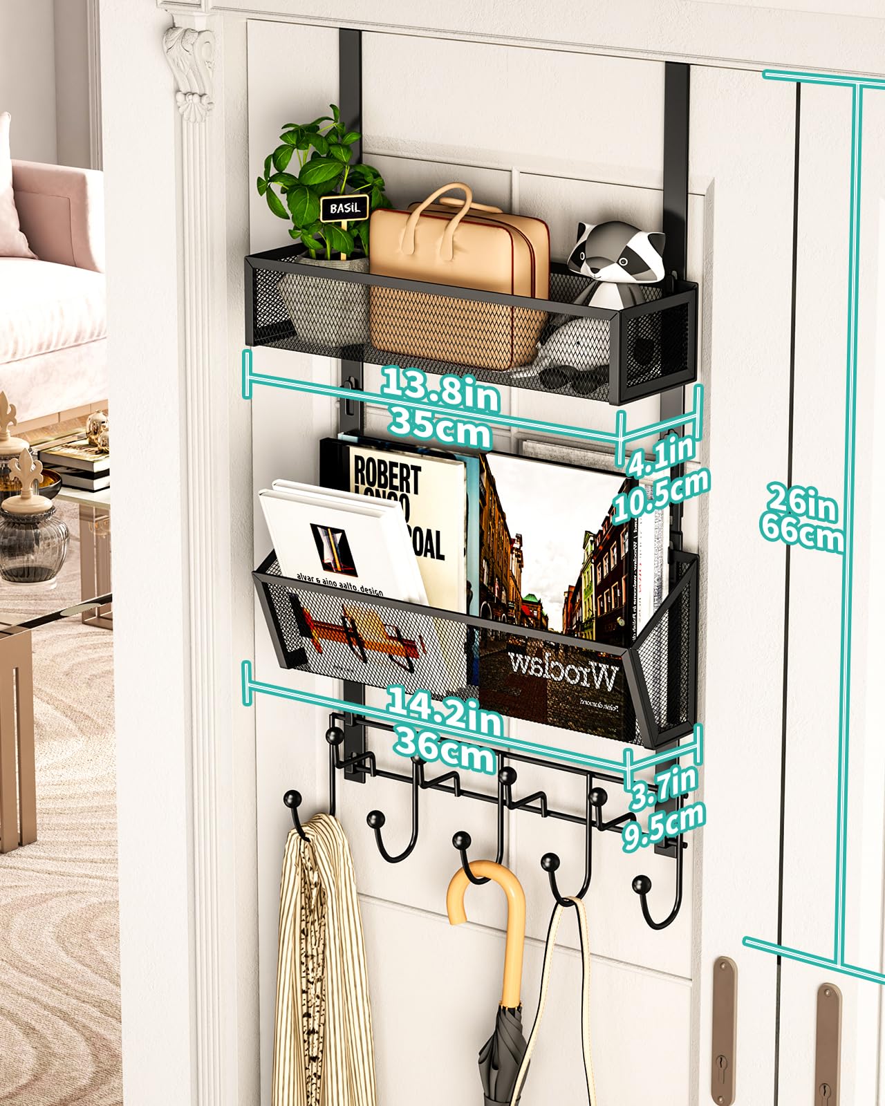 HapiRm Over The Door Hooks with 9 Hooks and 2 Baskets, Rustproof & Waterproof 304 Stainless Steel Door Hanger, Storage Organizer for Bathroom, Kitchen, Bedroom-Black (for 1.57in Doors)