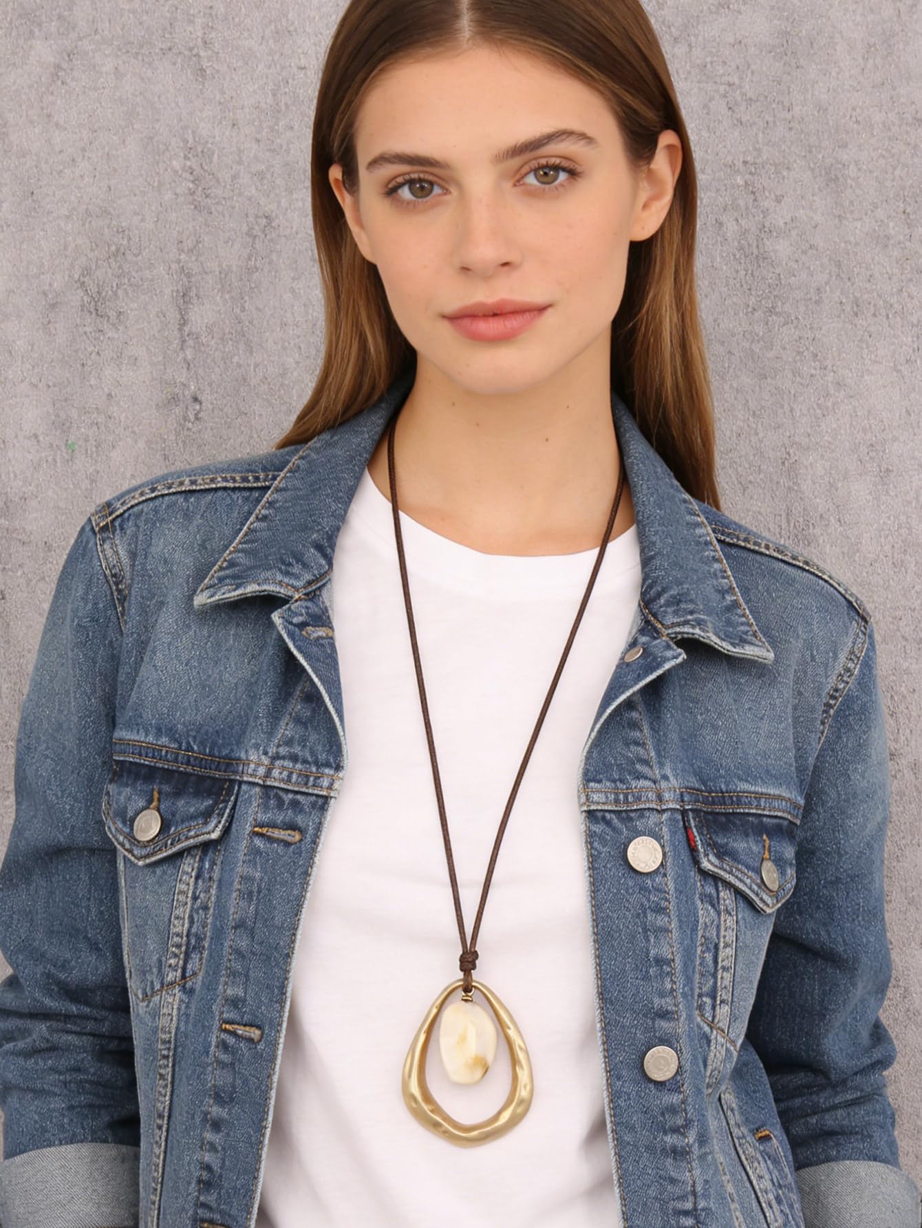 joymiao Chunky Pendant Necklace Women Large Gold Boho Vintage Statement Necklace with White Resin Stone Hippie Bohemian Jewelry