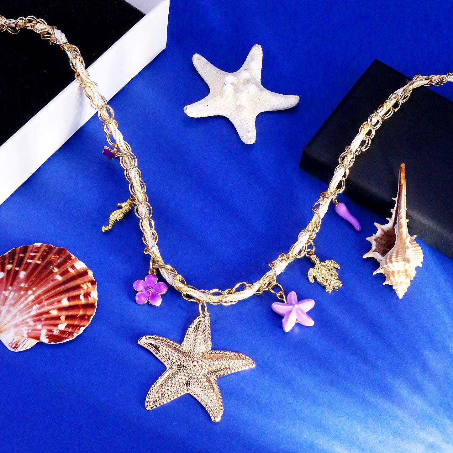 Todenb Starfish Necklace for Women Colorful Weave Seashell Pendant Necklace Boho Starfish Mermaid Necklace Summer Beach Mermaid Jewelry Accessories