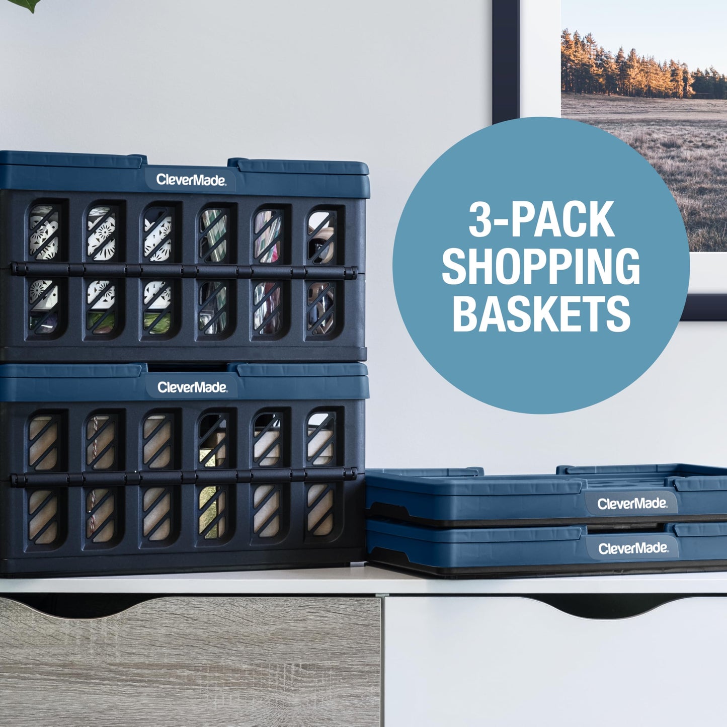 CleverMade Eco Collapsible Shopping Basket with Handles, 24L Ocean, 3 Pack
