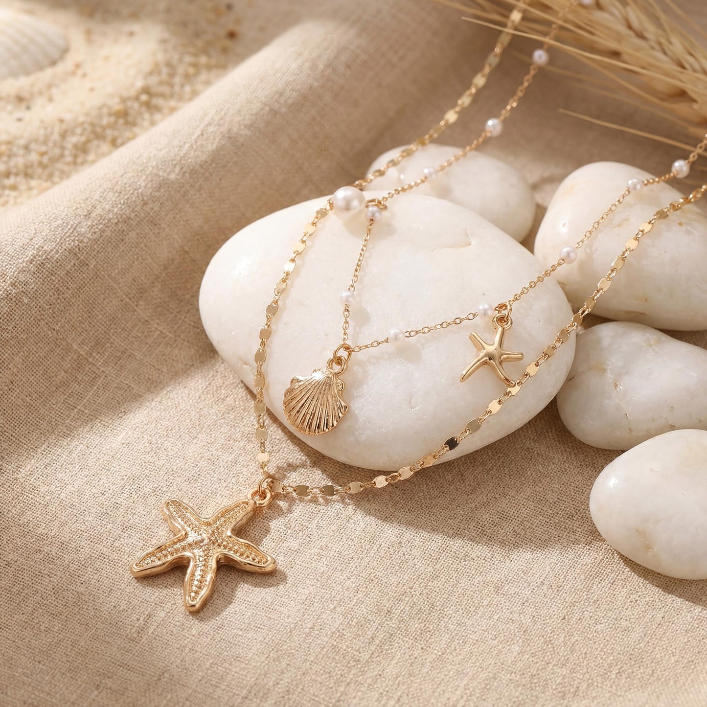 Shell Starfish Necklace for Women, Gold Plated Layered Pendant Necklace with Pearl Conch Charms, Boho Coastal Summer Beach Vacation Jewelry Gifts(Shell&Starfish)