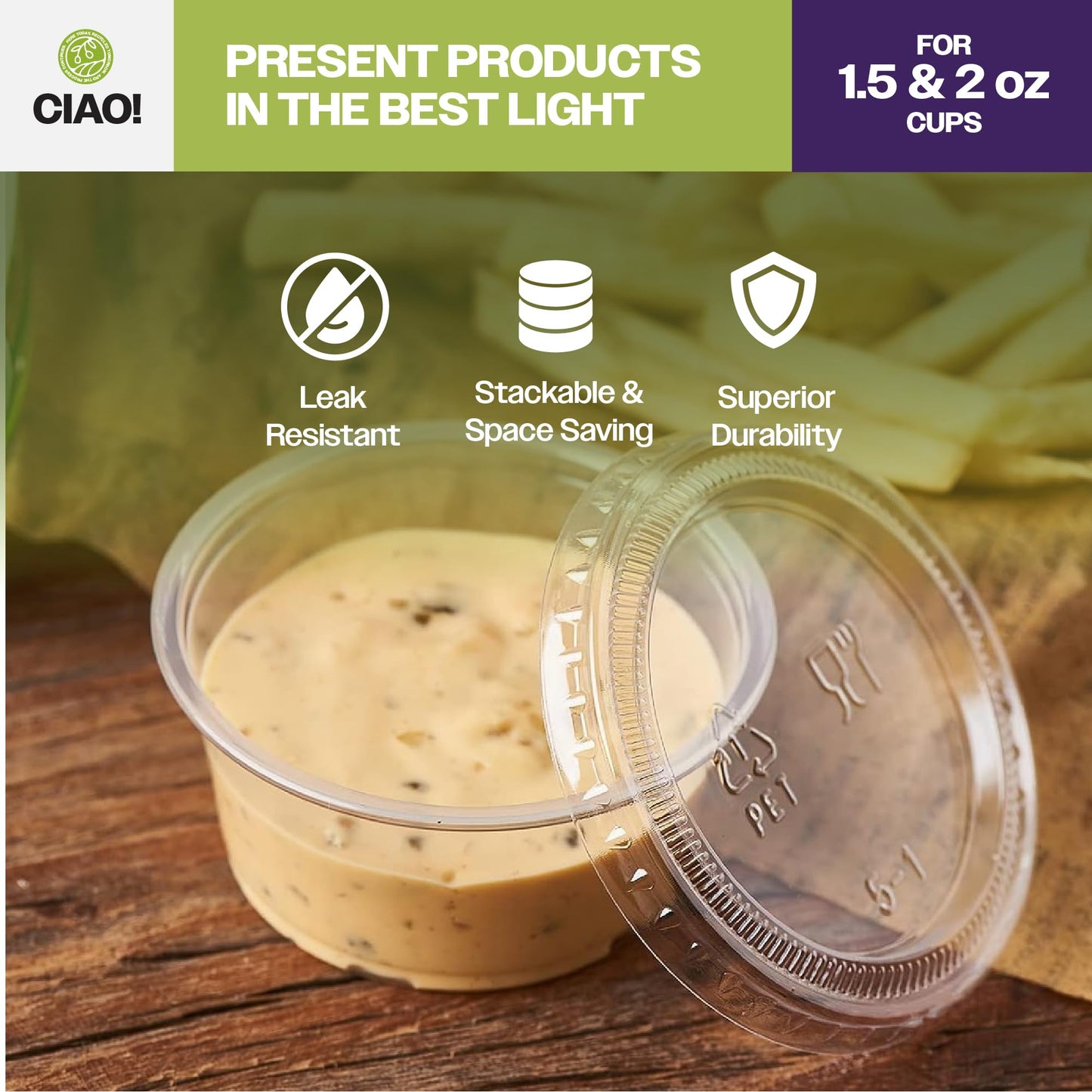 CIAO! Ultra Clear PET Portion Cup Lids, 62mm, Fits CIAO! 1.5 & 2 oz Portion Cups, Case of 2,500