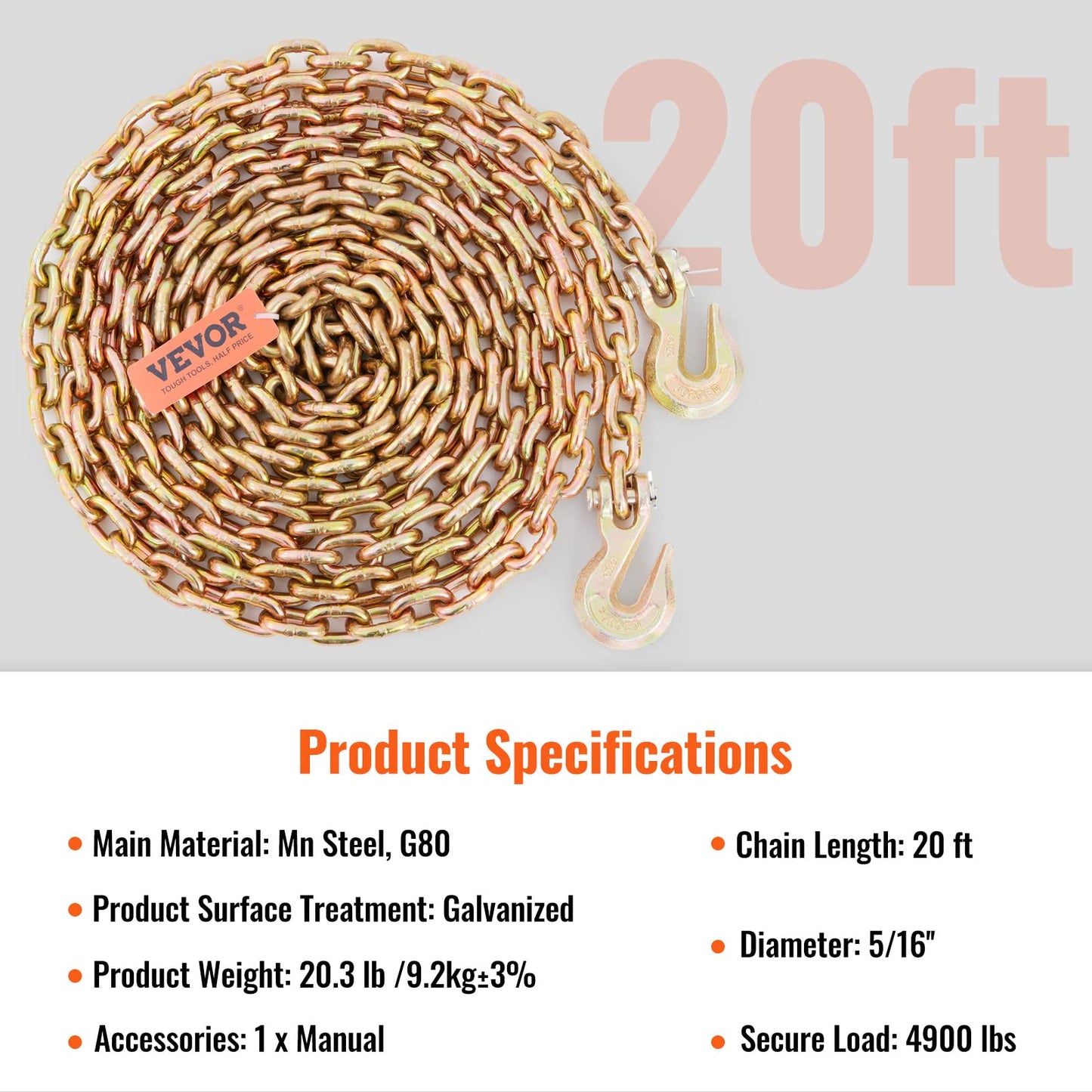 VEVOR Transport Binder Chain, 5/16''x20' Tow Chain with Grab Hooks, 4900lbs Safe Working Load, G80 Heavy Duty Chain, Logging Chain for Transporting Towing, Tie Down Binding Equipment