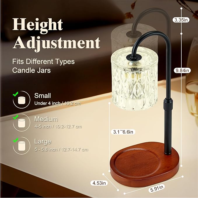 Dreamholder Electric Candle Warmer Lamp with Timer & Dimmer, Adjustable Height Wax Melt Warmer for Jar Candles, Wood Base Candle Melter, Floral Home Decor Gifts for Women, Walnut Black