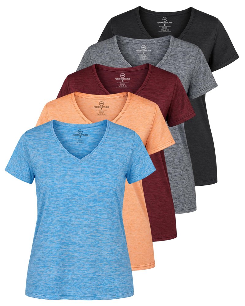 Real Essentials 5 Pack: Women's Dry-Fit Short Sleeve V Neck T Shirt Workout Fitness Yoga Top Tee, Set 2, XS