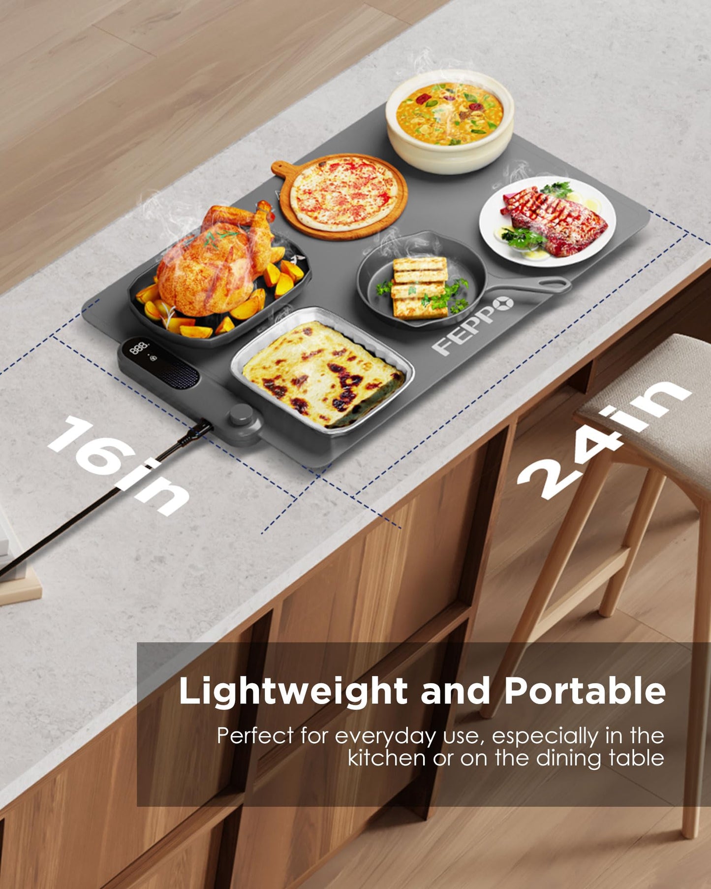FEPPO Food Warming Mat, Electric Warming Trays for Buffets Party, Fast Full-Surface Heating Mat for Food with 19 Level Adjustable Temperature and 6 Hours Timer, Roll Up Food Warmer