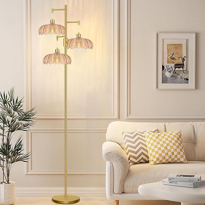 Gold Floor Lamps for Living Room Bedroom-3 Light Glass Floor Lamp with Three Led Bulb, Flower Tall Floor Lamp Dimmable Mid Century Modern Standing Lamp Vintage Tree Floor Lamps for Bedroom Corner