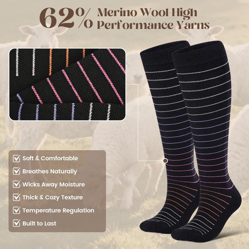 LEVSOX Wool Compression Socks for Women and Men 20-30mmHg Knee High Support Socks for Flying Nurses Pregnancy