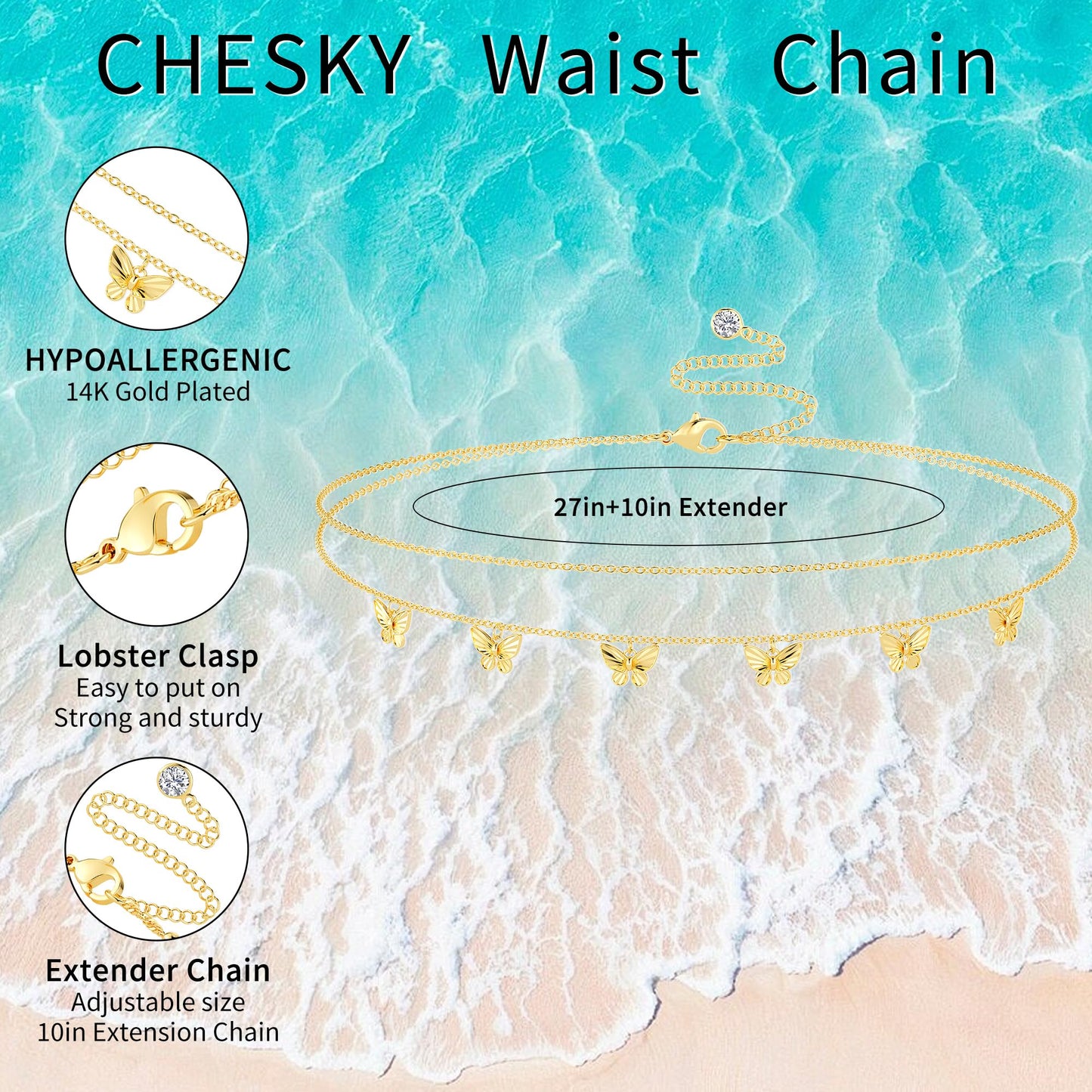 CHESKY Gold Waist Chain for Women, Dainty 14k Gold Plated 2Pcs Layered Belly Chain for The Waist Adjustable Waterproof Bikini Box Chain Non Tarnish Body Chain Jewelry Gifts for Women