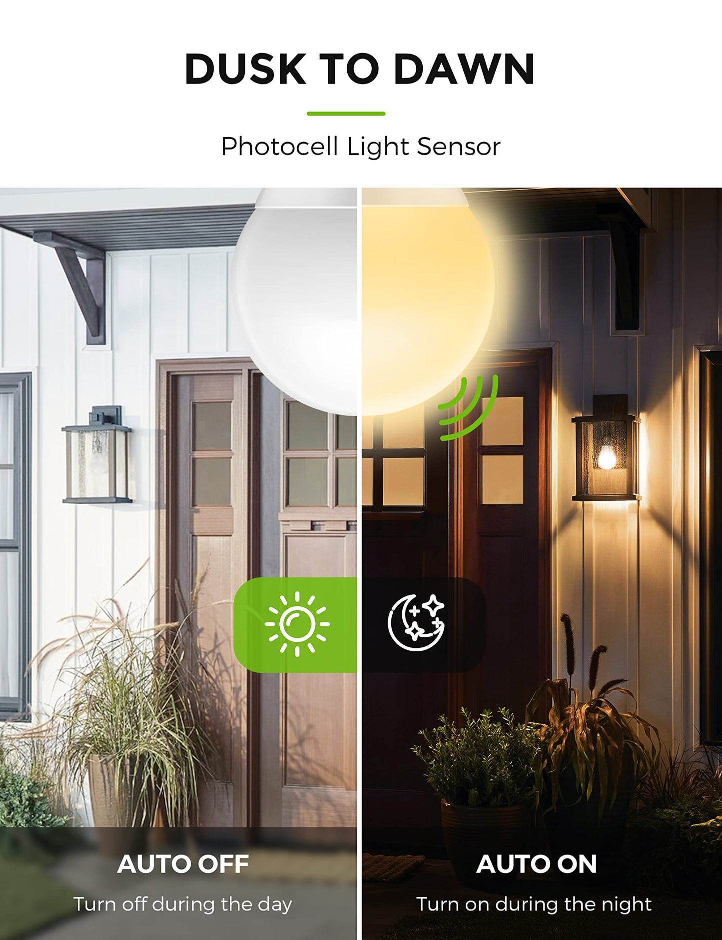 LOHAS Dusk to Dawn Sensor Light Bulbs, 40W Equivalent LED Outdoor Lighting, Warm White 2700K Automatic Photocell Light Bulb Outside, A19 6W Bright Porch Light Bulbs, 500LM E26 for Garage Patio,4 Pack