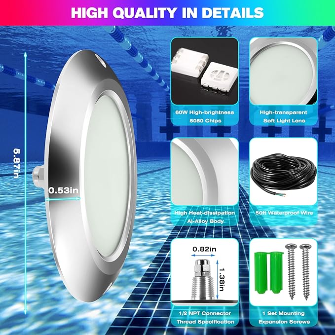 HUSUKU 5.8 Inch RGB LED Pool Light - 50FT 60W 6000LM Ultra Slim Pool Light for Inground Pools Waterproof IP68, 12V Underwater Swimming Pool Light Fixture(1/2 NPT Thread, Remote Control NOT Includ)
