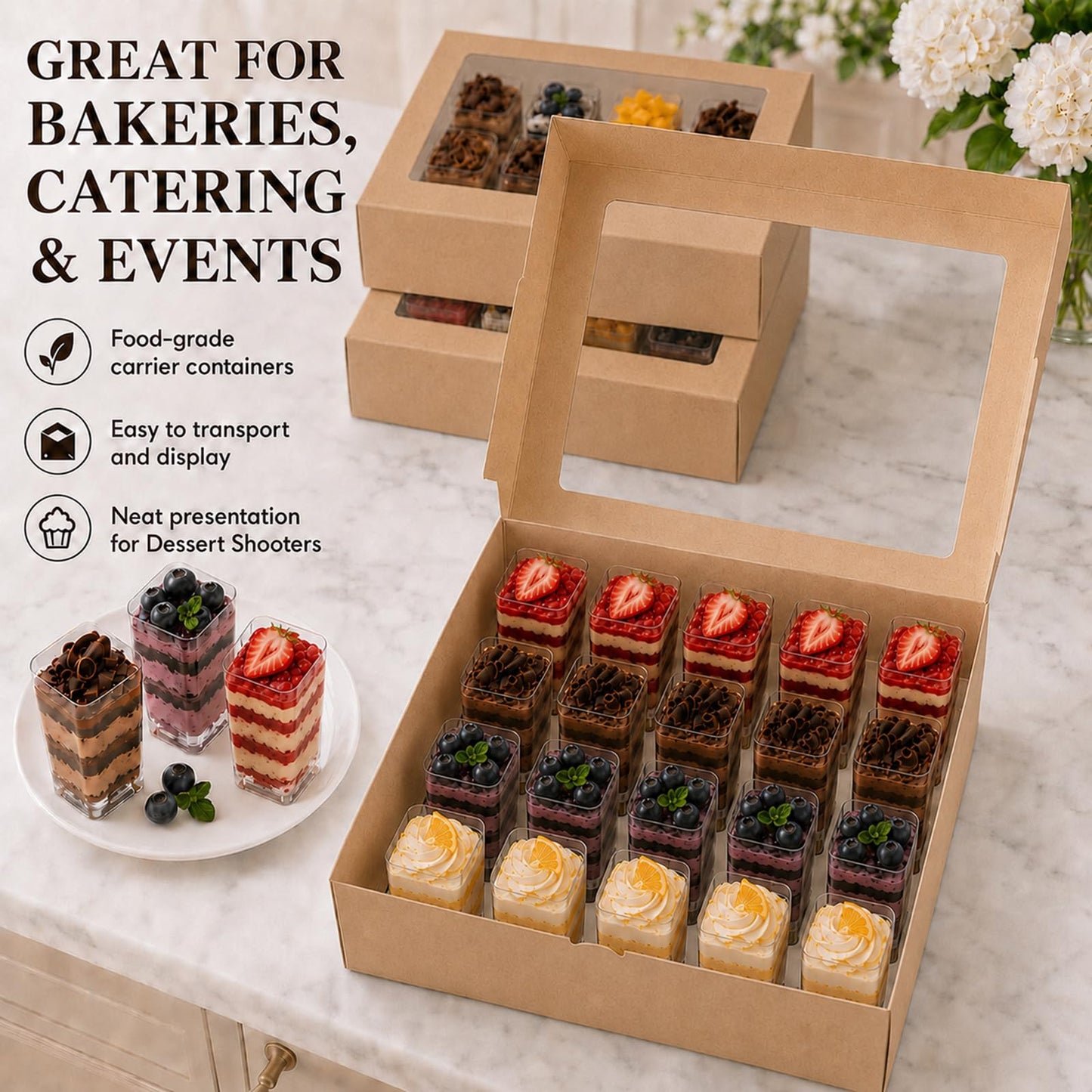 JRWTY Dessert Shooter Boxes 5 Pack, Each Box Holds 20 Count 5 oz Dessert Shooter Cups, Food-Grade Dessert Cup Holder Boxes with Inserts, Dessert Shooter Box Packaging for Parties, Catering (Brown)