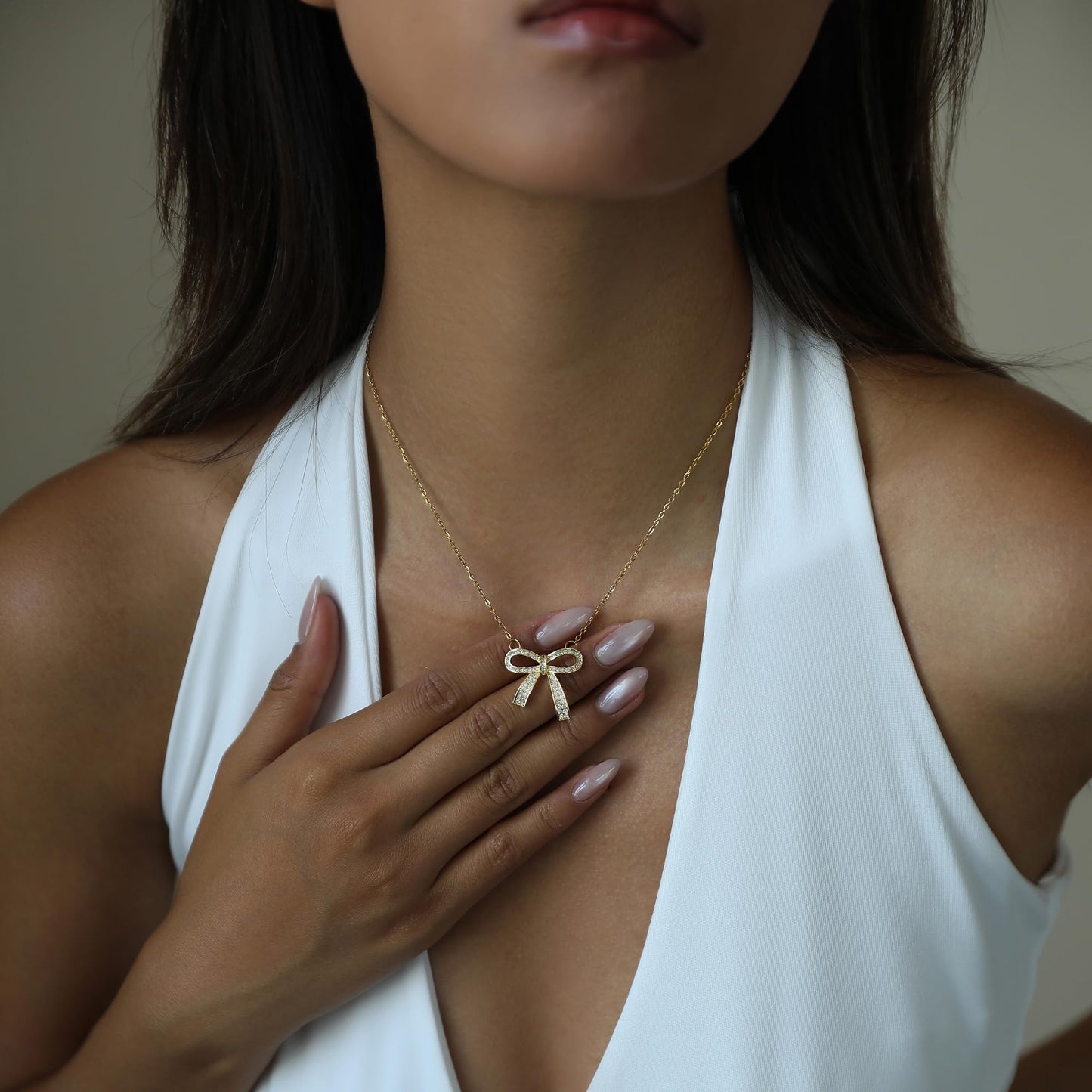 ZKJTEARY Bow necklace for Women Trendy Dainty 18k Gold Plated Cubic zirconia Charm Pendent Necklace Minimalist Delicate Bow Jewelry for Women Valentine Christmas Gift (bow)