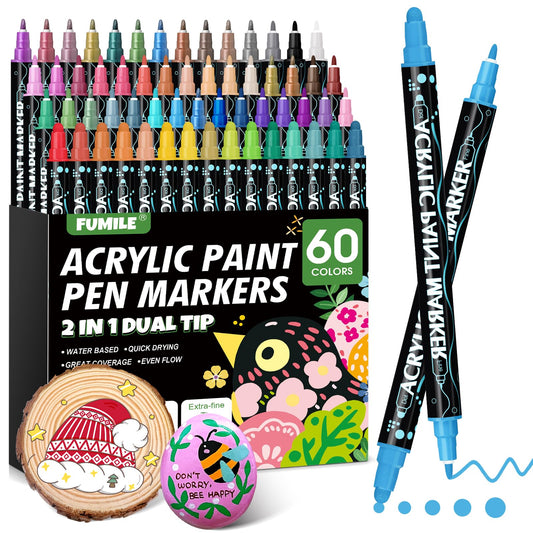 FUMILE 60 Colors Acrylic Paint Marker Dual Tip(Fine and Dot Tip), Paint Pens Acrylic Markers for Wood, Rock, Plastic, Glass, Ceramic, Canvas.Acrylic Markers Set for DIY and Art