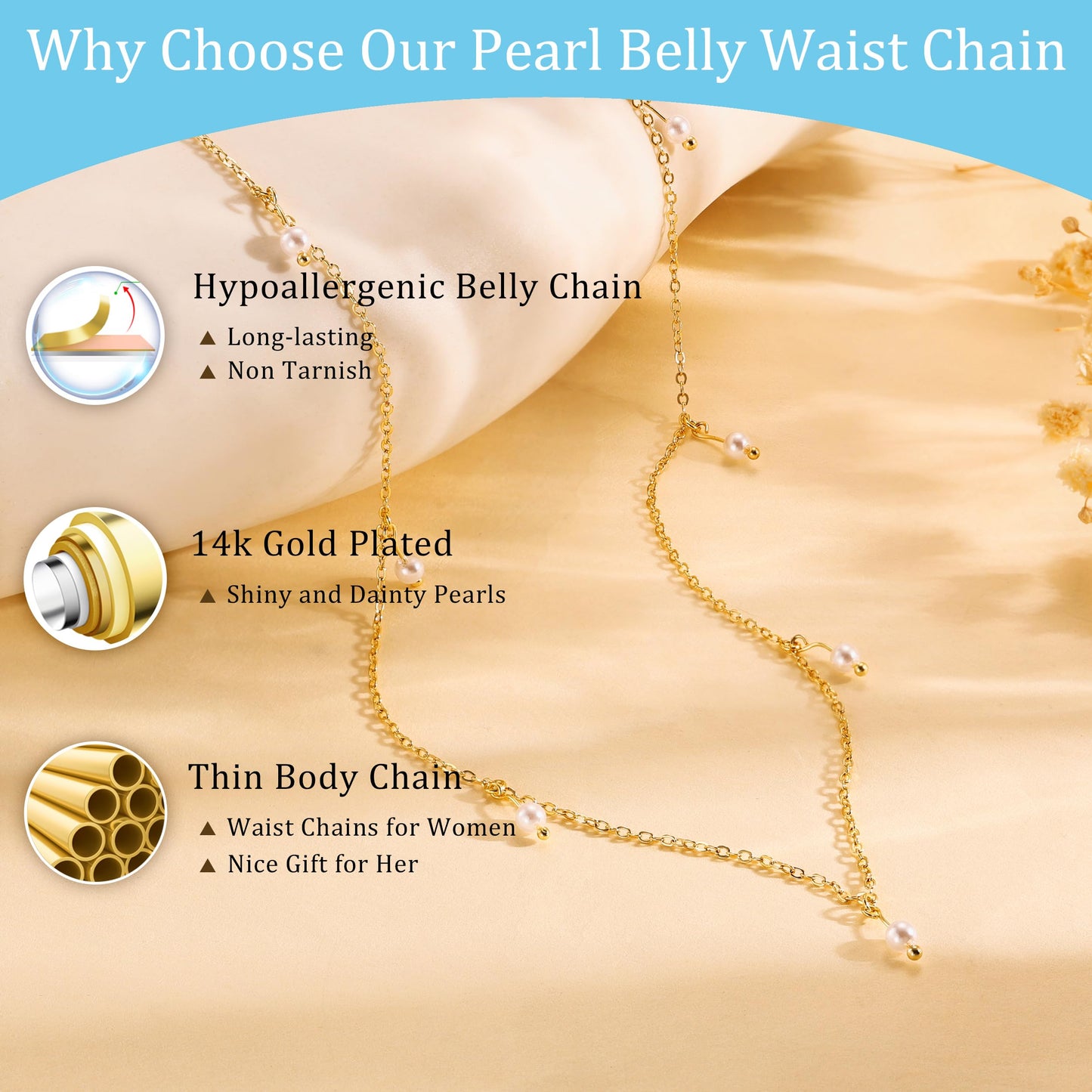 CHESKY 14K Gold Plated Waist Chain for Women, Belly Belt Chains Beach Waist Chain Waterproof Body Chain Summer Jewelry Accessories for Women