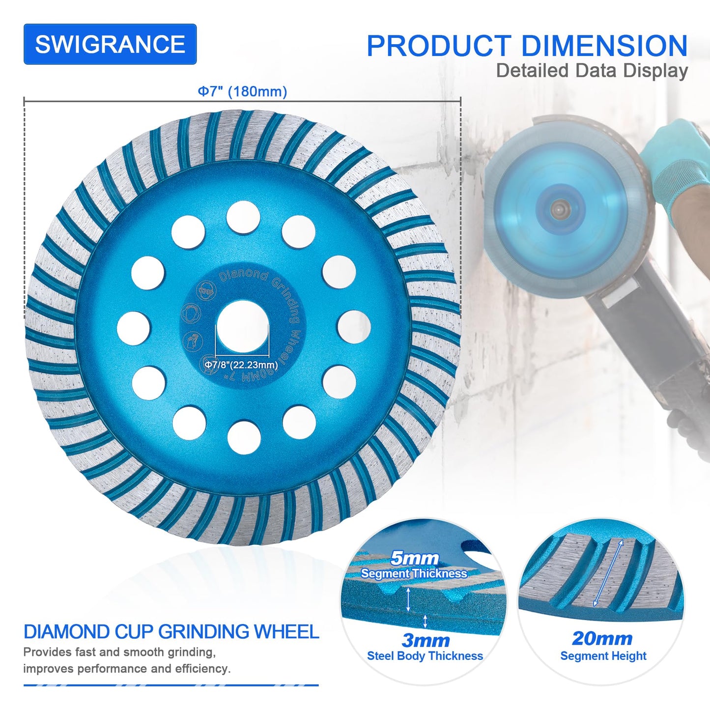 SWIGRANCE Diamond Concrete Grinding Cup Wheels 180mm 7" Turbo Row Segment, Fits 7/8" Arbor, Shaping Polishing Cleaning Concrete Masonry Marble Granite Brick