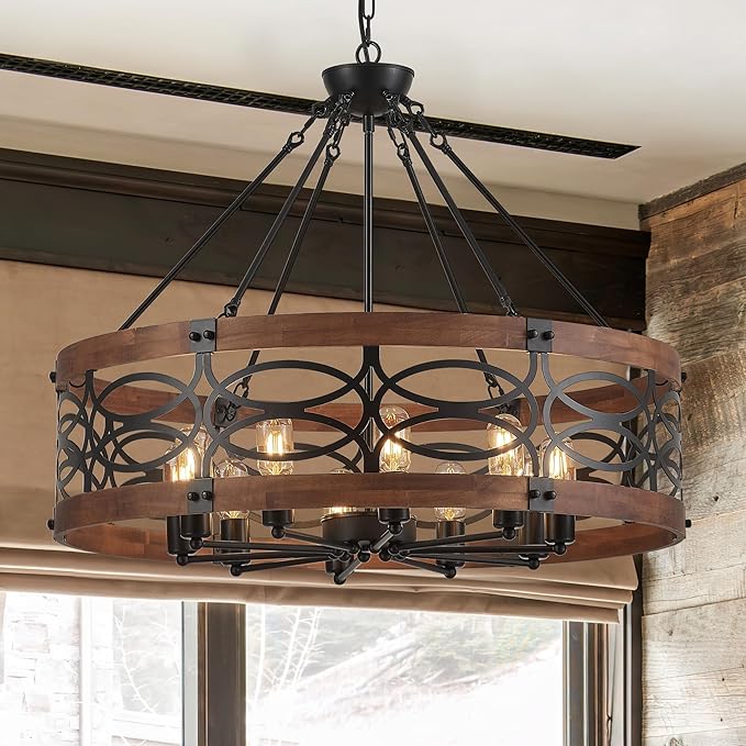 10-Light Farmhouse Drum Wood Pendant Light,32.24'' Vintage Rustic Brown Oak Wood Chandeliers,Retro Industrial Hanging Light Fixtures for Dining Room Entryway, Bedroom