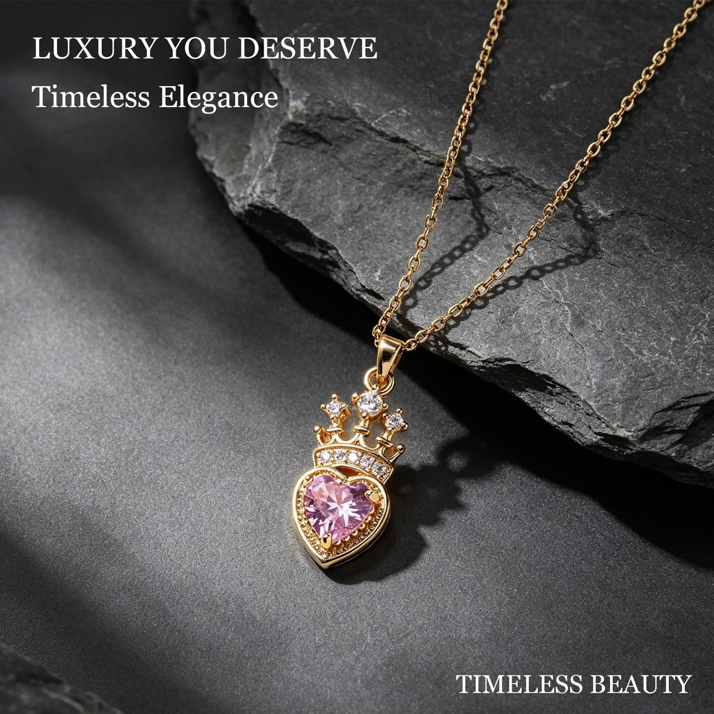 crataly Crown Rose Quartz Necklace-Gold Plated Heart Necklace For Women October Birthstone Jewelry For Valentine's Day Mother's Day Christmas Birthday Gifts