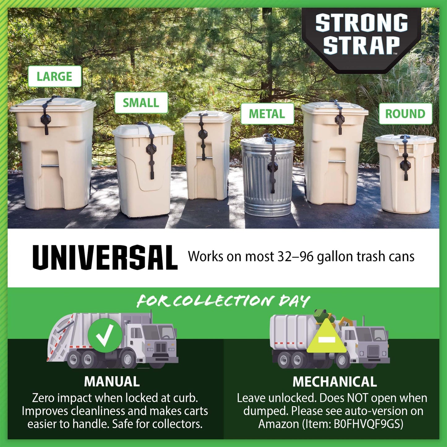 Blazer Brand Strong Strap Lid Lock for 32–96 Gallon Garbage Cans (1 Starter Kit) Long Lasting, No Tools Required, Stretch to Latch, Mitigate Pests, Wind, Overflow, and Spillage