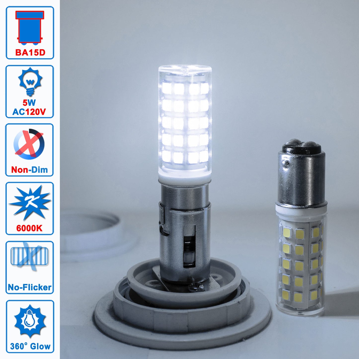 Ziomitus 120 Volts BA15D LED Double Contact DC Bayonet Base Sewing Machine Bulb 6000K Daylight Bright White, 50W 75W Halogen Equivalent, T3/T4/C7/S6 Ba15d 5W Led Light Bulbs, 5Pack