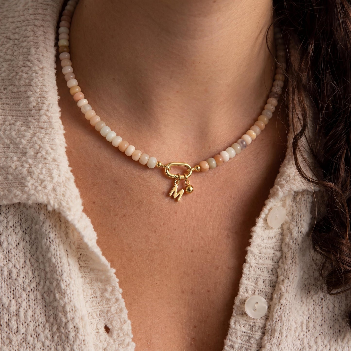 CONRAN KREMIX Beige Stone Beaded Necklace for Women,Natural Stone Bead Choker Necklaces Boho Summer Beach Necklace Gemstone Jewelry Gift for Women