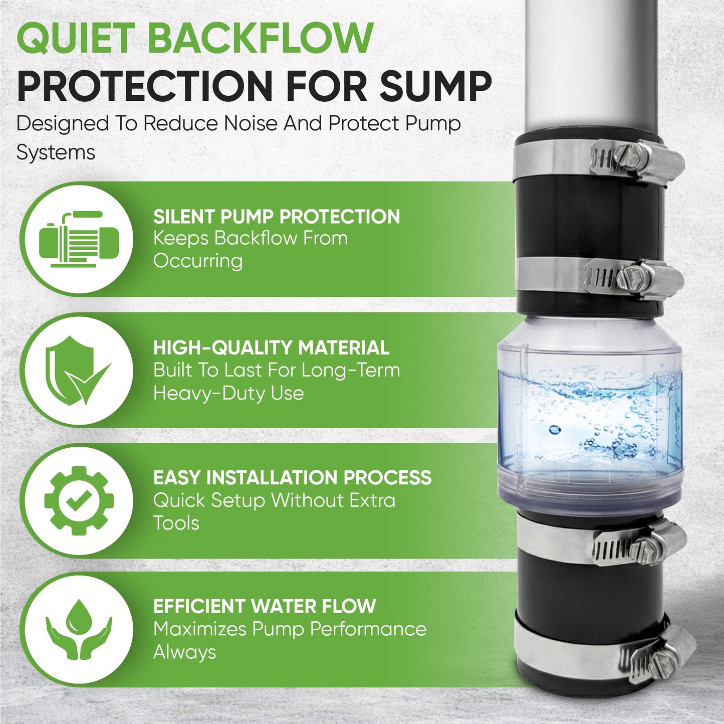 PumpSpy Silent Check Valve - 1-1/2" with Buna-N Couplings, Model CV-150, Spring-Loaded Flapper, Sump Pump Life Expectancy Increase, Includes Steel Clamps Fit 1-1/2″ Pipe