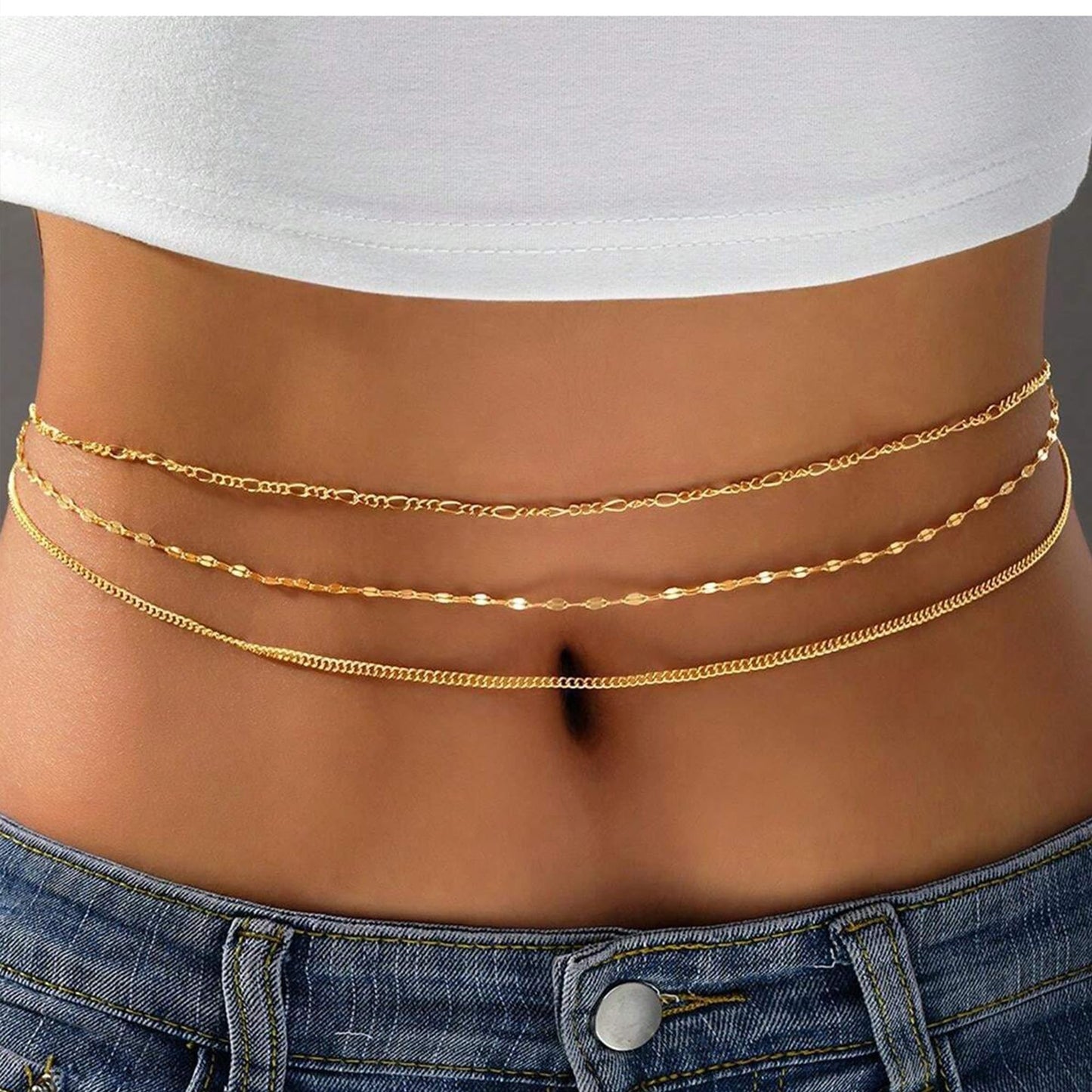 Longita 3pcs Layered Belly Chain Gold Waist Chain for Women Waist Jewelry for Women Gold Belly Chains Summer Stomach Jewelry Trendy Simple Sexy Body Chains Non Tarnish Waterproof Plus Size