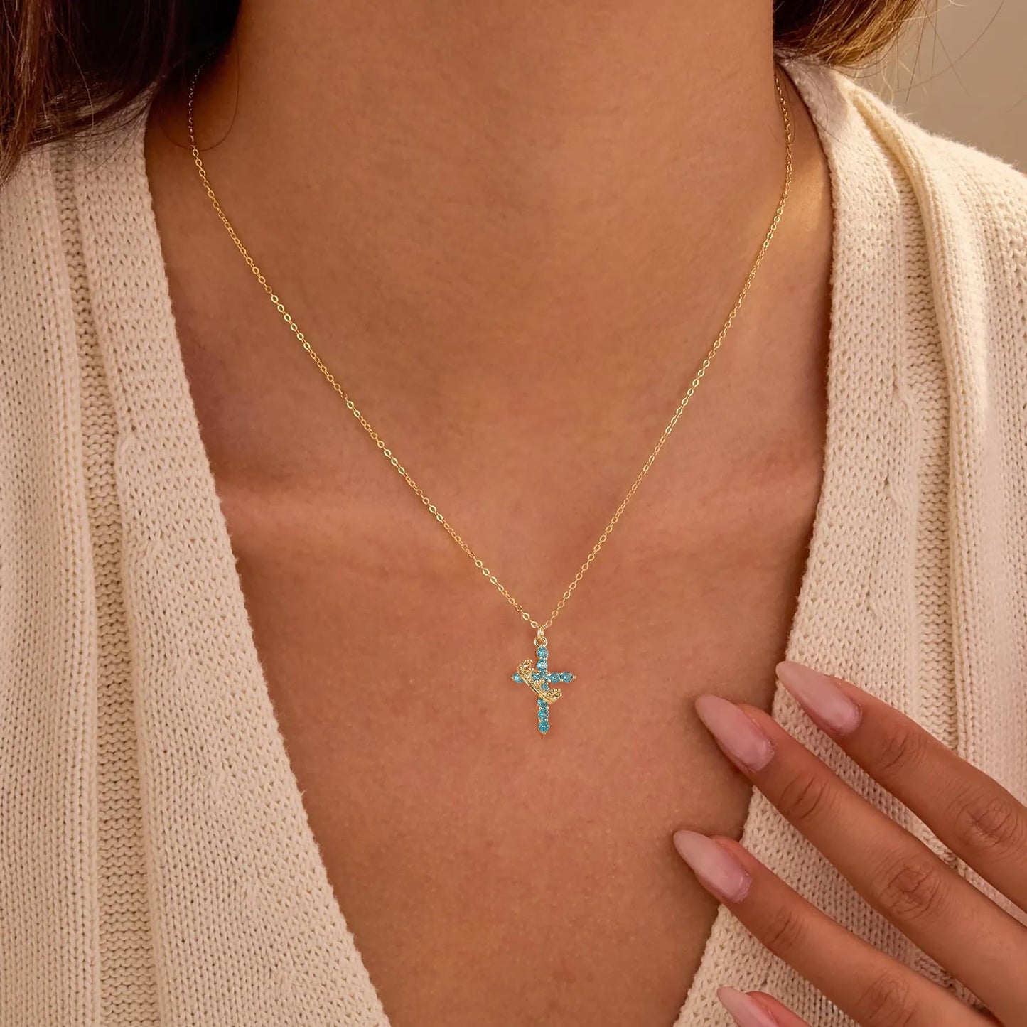 Robaice Birthstone Crown Cross Necklace for Women, Gold-Plated Christian Faith Necklace, Cross Jewelry Gift for Women, March Blue Aquamarine Gift