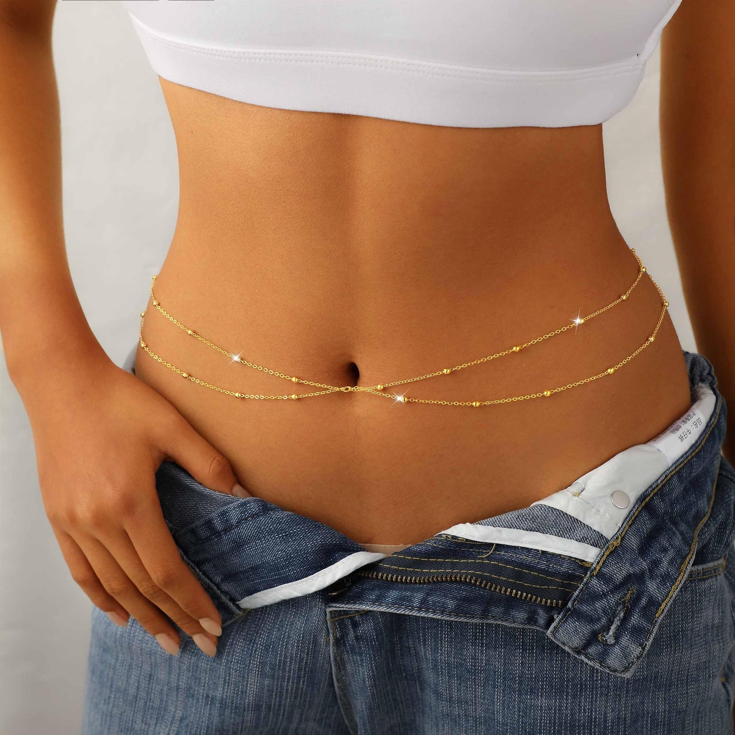 JIKASI 14K Gold Plated Waist Chain for Women Dainty Layered Belly Chain Beaded Body Chain Belt Set Waterproof Summer Beach Bikini Jewelry Accessories Adjustable Waist Beads Gift