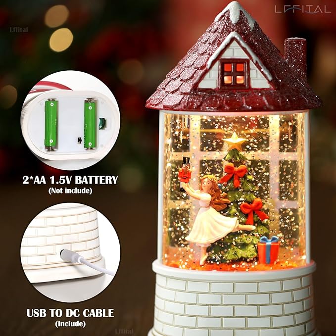 Christmas Snow Globe Ballerina Nutcracker Snow Globe Lantern with Music Glittering Lighted Christmas Tree and Clara Birthday Gift Table Indoor Decoration for Girls,USB and Battery Operated, 8.2"