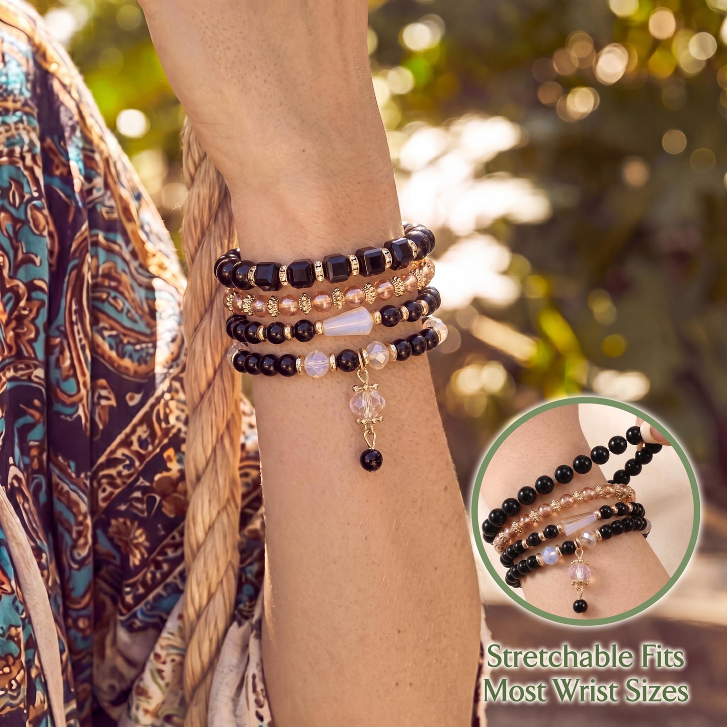 Tungary 4Pcs Beaded Bracelets for Women Bohemian Bracelet Stacks Handmade Natural Stone Stretch Bracelets Multi-Color Daily Wear Accessories Summer Beach Boho Jewelry Gift Black Bracelet Set