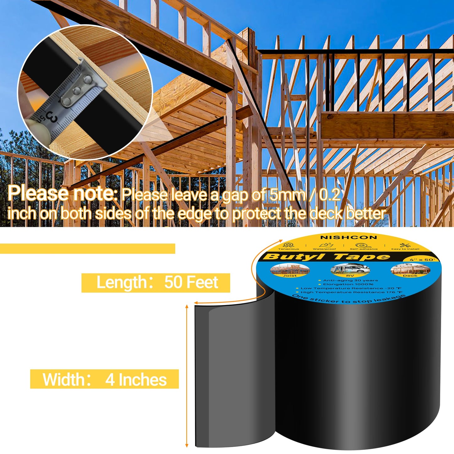 NISHCON Butyl Sealant Tape 4" x 50', Deck Joist Tape for Decking, Waterproof and Anti-Corrosion for Extend Deck Life, 2 Rolls