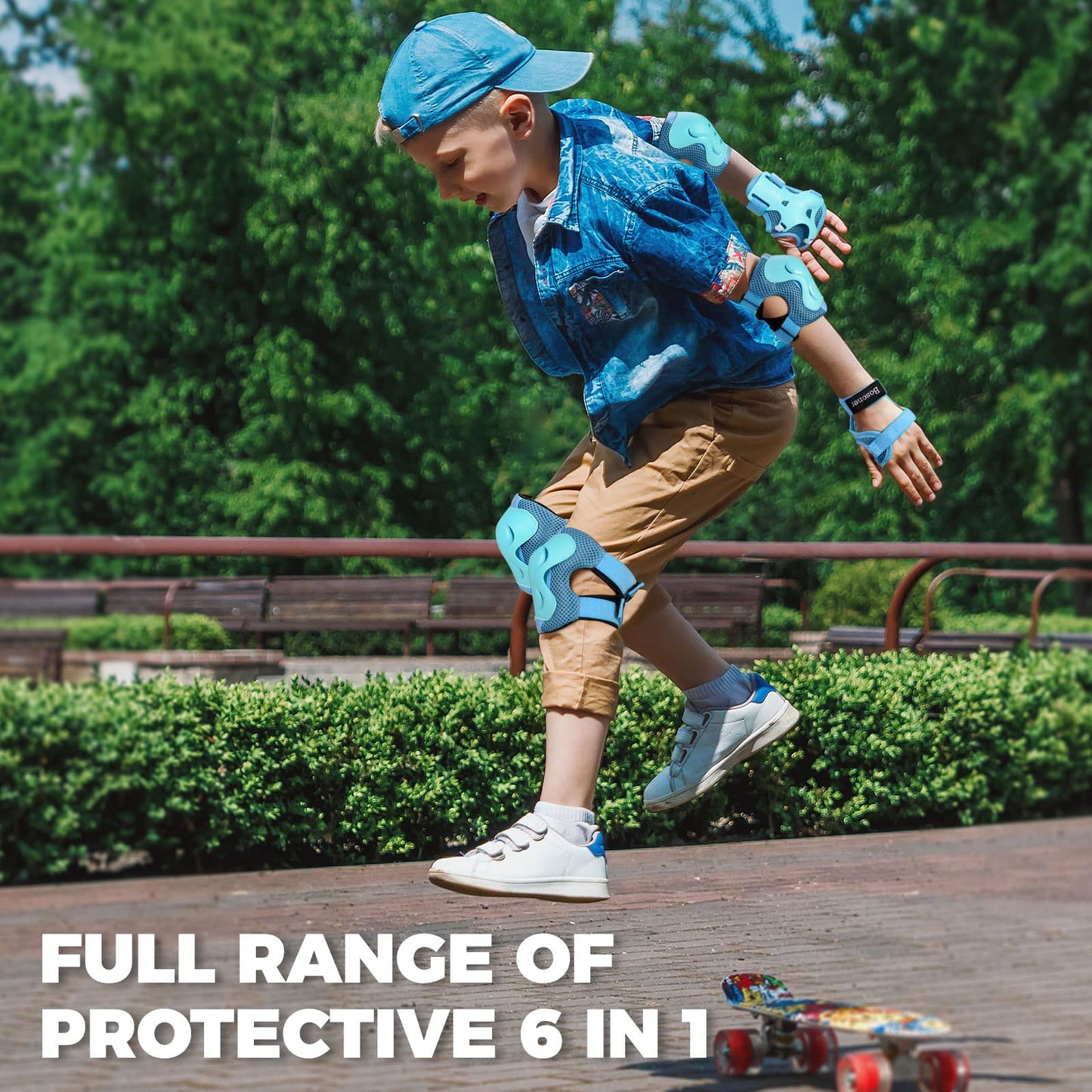 BOSONER Kids/Youth Knee Pad Elbow Pads Guards Protective Gear Set for Roller Skates Cycling BMX Bike Skateboard Inline Skatings Scooter Riding Sports Light Blue Medium(9-15 Years)