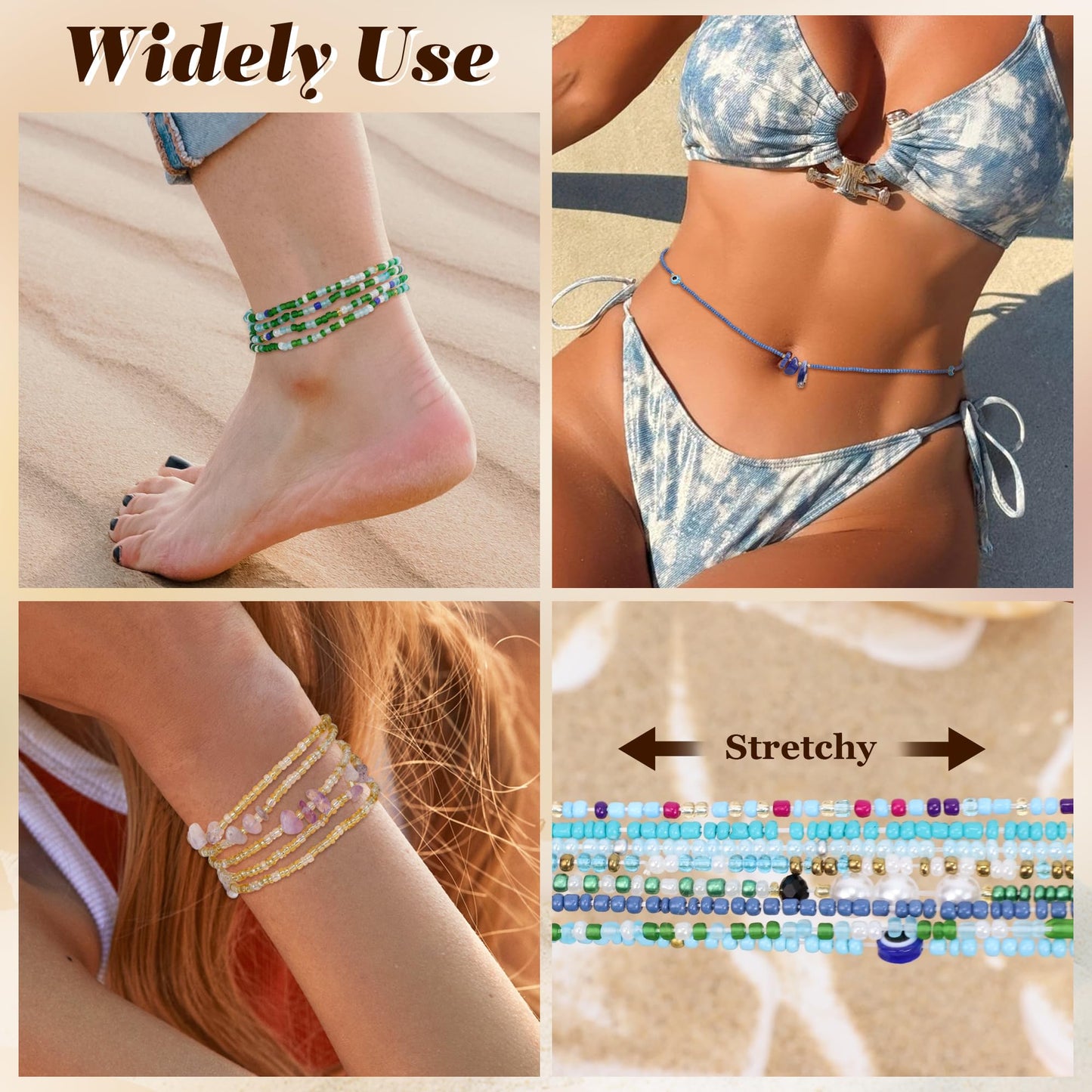 Masedy 8PCS African Waist Bead Chains for Women Layered Belly Body Chain Handmade Plus Size Beaded Belly Chain Colorful Elastic Flower Butterfly Body Chains Summer Beach Bikini Body Jewelry 31in A
