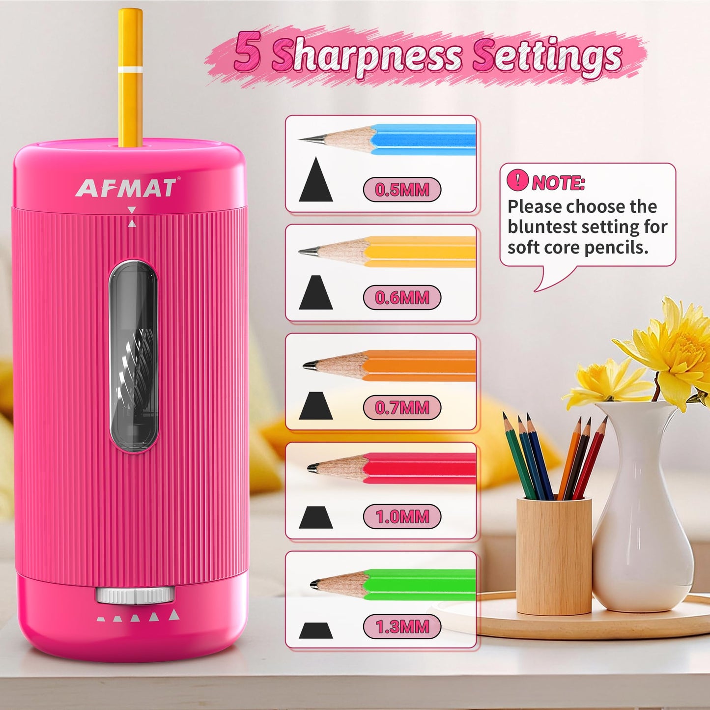AFMAT Electric Pencil Sharpener, Auto in & Out, 5 Nibs, 7K+ Uses, Fully Automatic Classroom Pencil Sharpener, Rechargeable Hands-Free Sharpeners for Jumbo/Colored Pencils (φ6.5-12mm) PSC3(Rose Red)