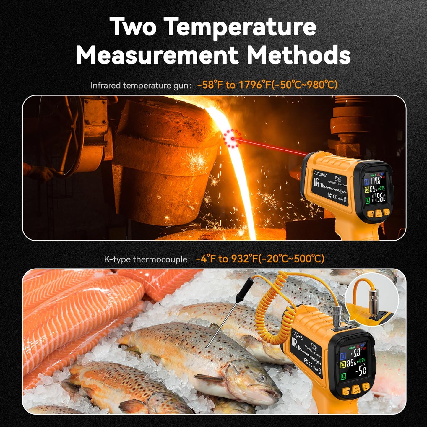 Surpeer 50:1 Infrared Thermometer IR Laser Gun, -58°F to 1796°F, Digital Temperature Gun/K-Type Probe -4°F to 932°F & Humidity Sensor for Cooking, Pizza Oven BBQ HVAC Home-Industrial Use