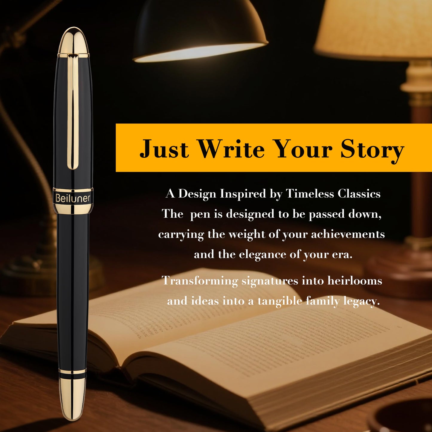 BEILUNER 315 Black Fountain Pen,Stunning Luxury Pens with 24K Gold Accents, Gorgeous 24K Gilded Nib(Medium), Ink Converter,Fancy Pen Gift for Men&Women-Elegant, Office, Reliable, Nice Design