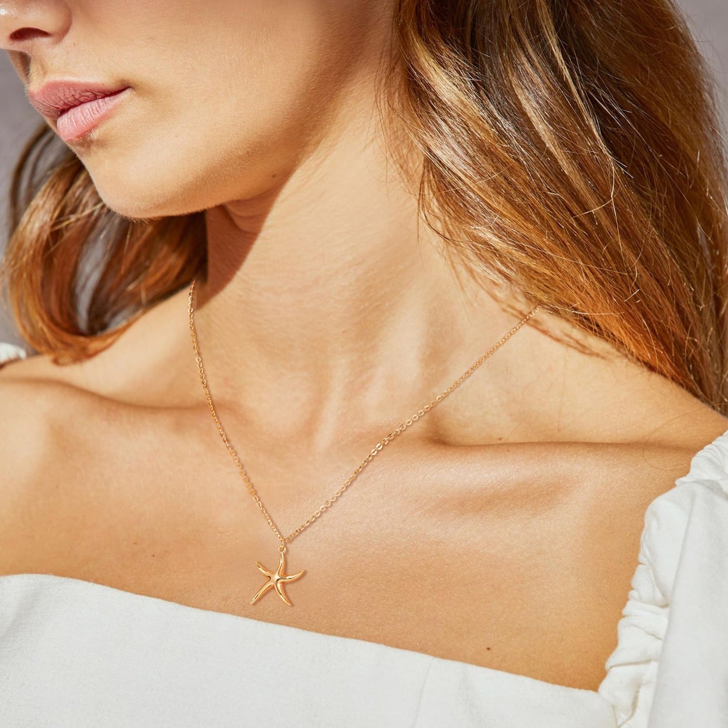 MTMY Gold Starfish Necklace 14K Gold Plated Shell Conch Ocean Pendant Necklace for Women Beach Summer Jewelry(Wave Starfish)