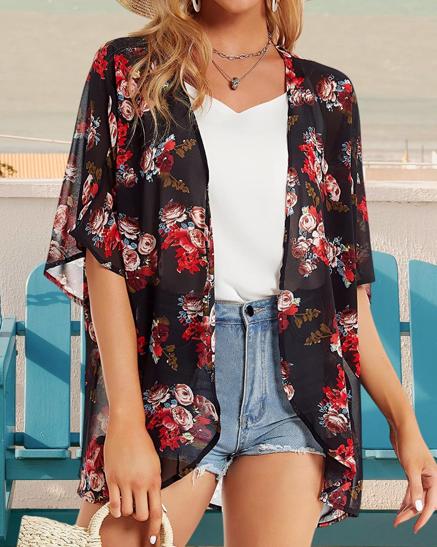 Women's Floral Print Puff Sleeve Kimono Cardigan Loose Cover Up Casual Blouse Tops(BLACK L)