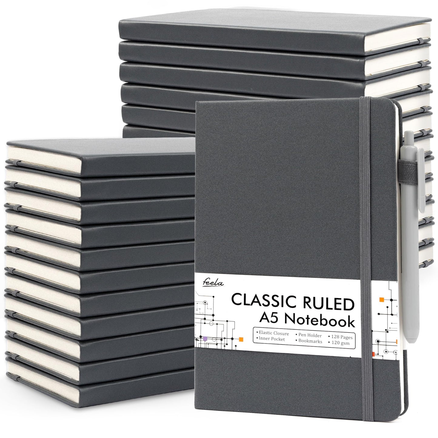 feela 24 Pack Journal Notebook for Work, Business Notebook Bulk Hardcover Lined Writing Journal with Pen Holder for Men Women Note Taking, with 24 Black Pens, 120 GSM, 5.1”x8.3”, A5, Gray