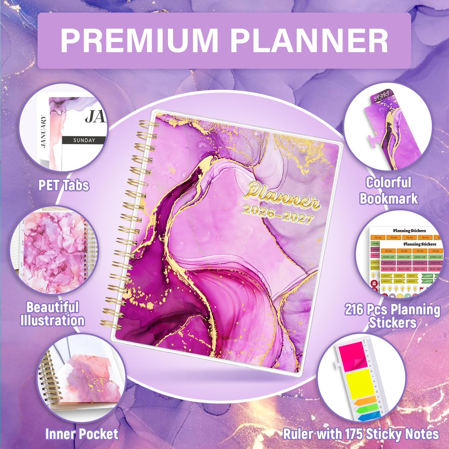 Planner 2026-2027, Large 18 Months Academic Daily Weekly Monthly Planner Yearly Agenda Jan. 2026–June. 2027, 7.9" x 9.8", Page Tabs, Separator Page, Pocket Folder, Bookmark, Stickers, Sticky Note Set