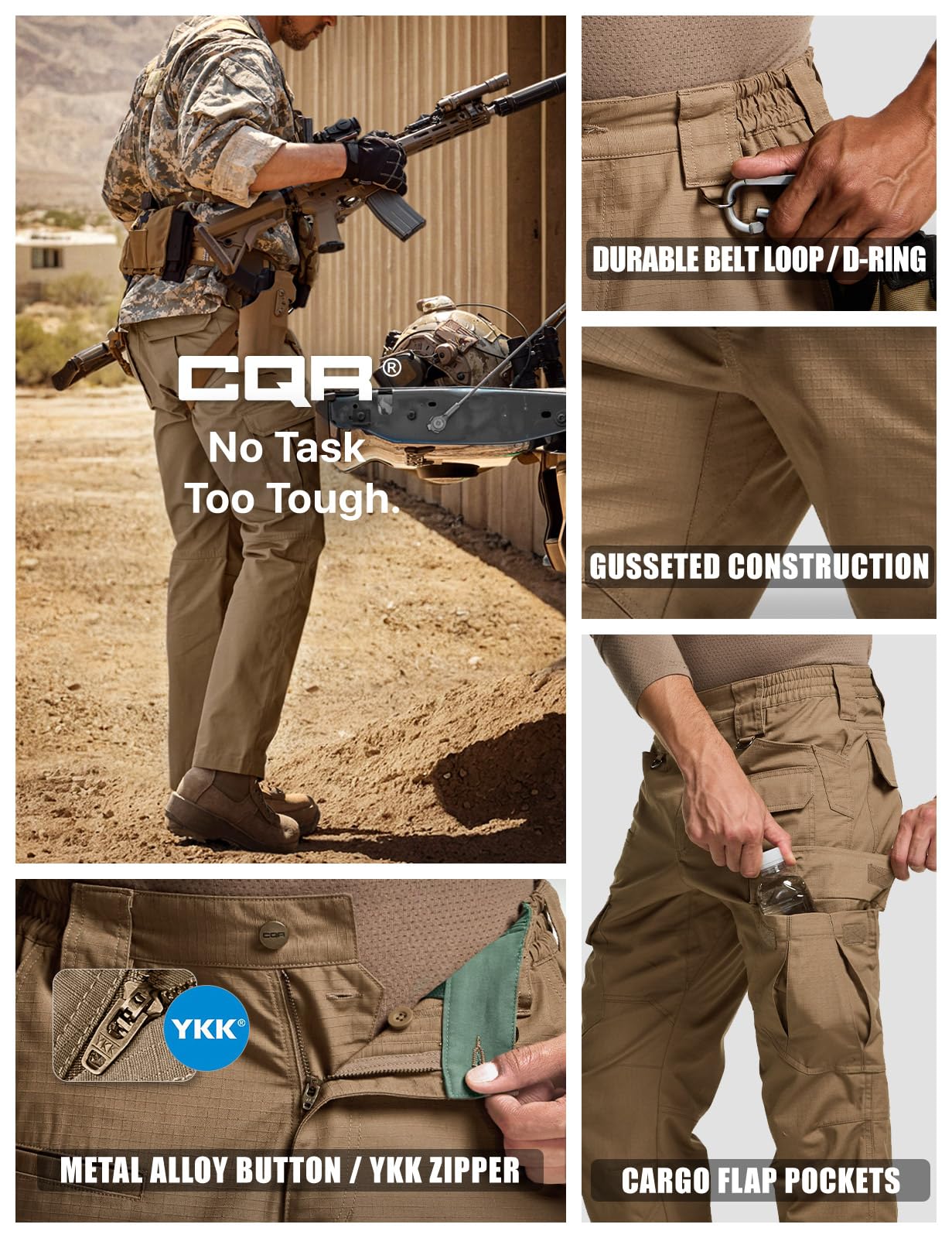CQR Men's Tactical Pants, Water Resistant Ripstop Cargo Pants, Lightweight EDC Work Hiking Pants, Outdoor Apparel, Raider Mag Cougar, 40W x 34L
