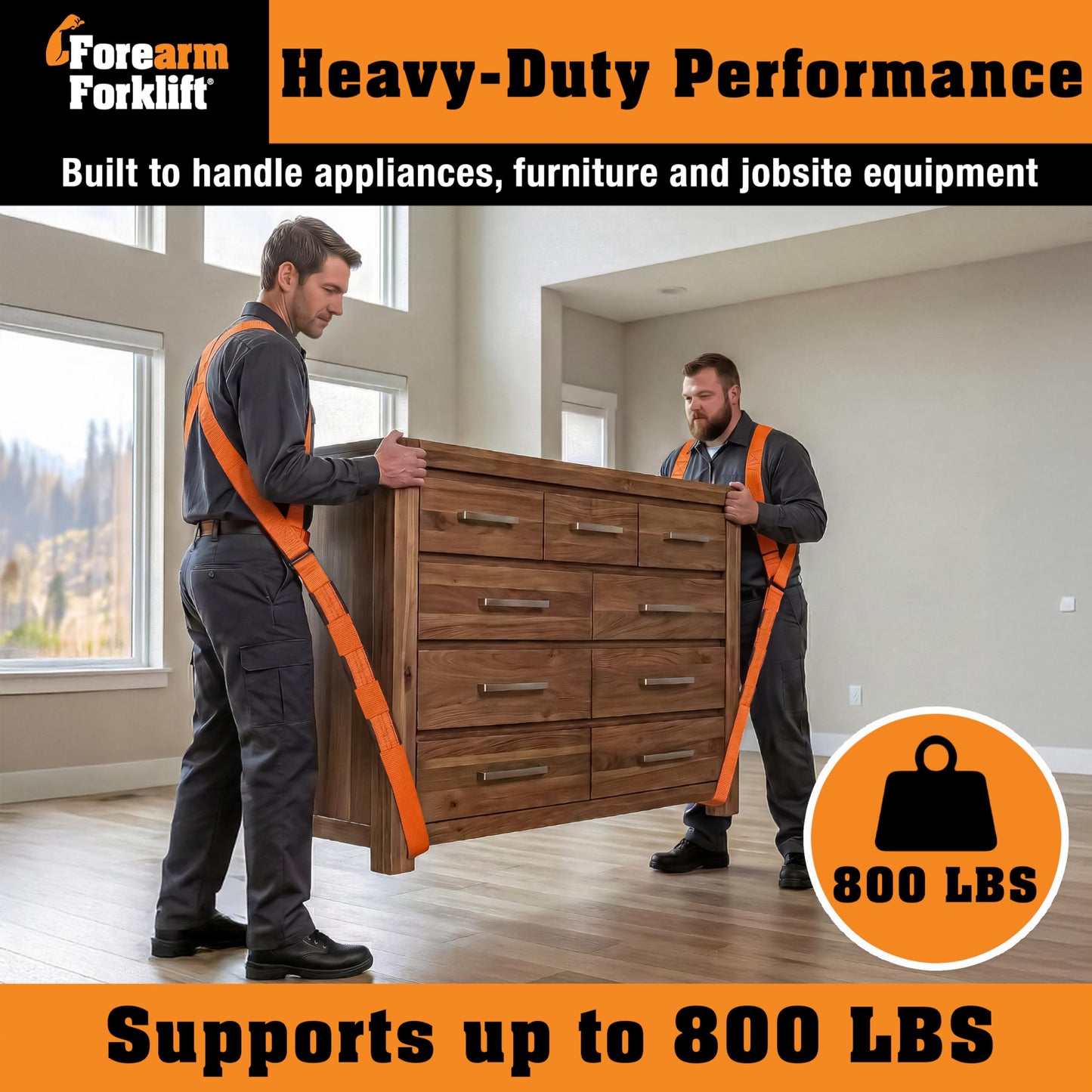 Forearm Forklift Shoulder Harness – Standard - Lift and Move Furniture, appliances, Supports up to 800 lb. Moving Harness Set, 2 Harnesses and 2 Center Straps that are ea 9’4” Long, 1 Pack, Orange