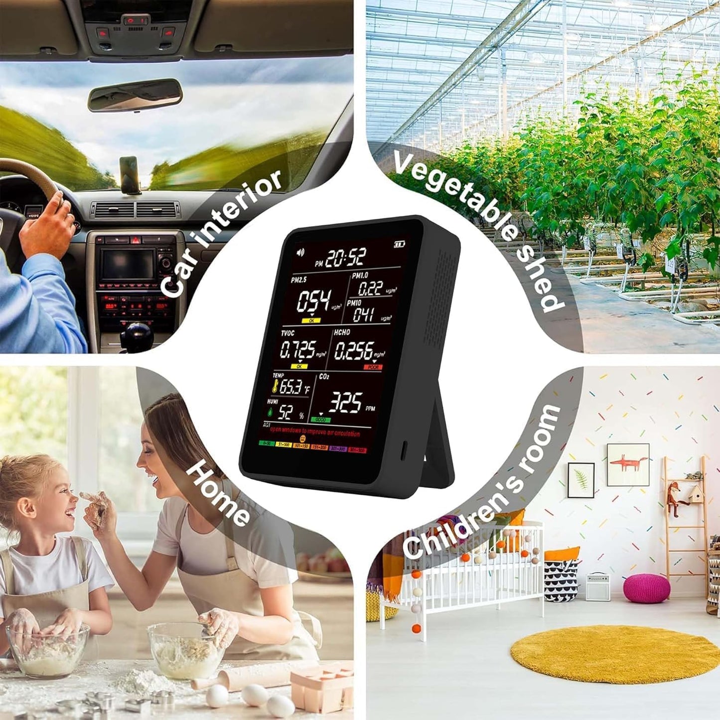 Professional Indoor Air Quality Monitor with AQI Alerts, Portable Real-Time Detector for Home, Car, Plants & Pet
