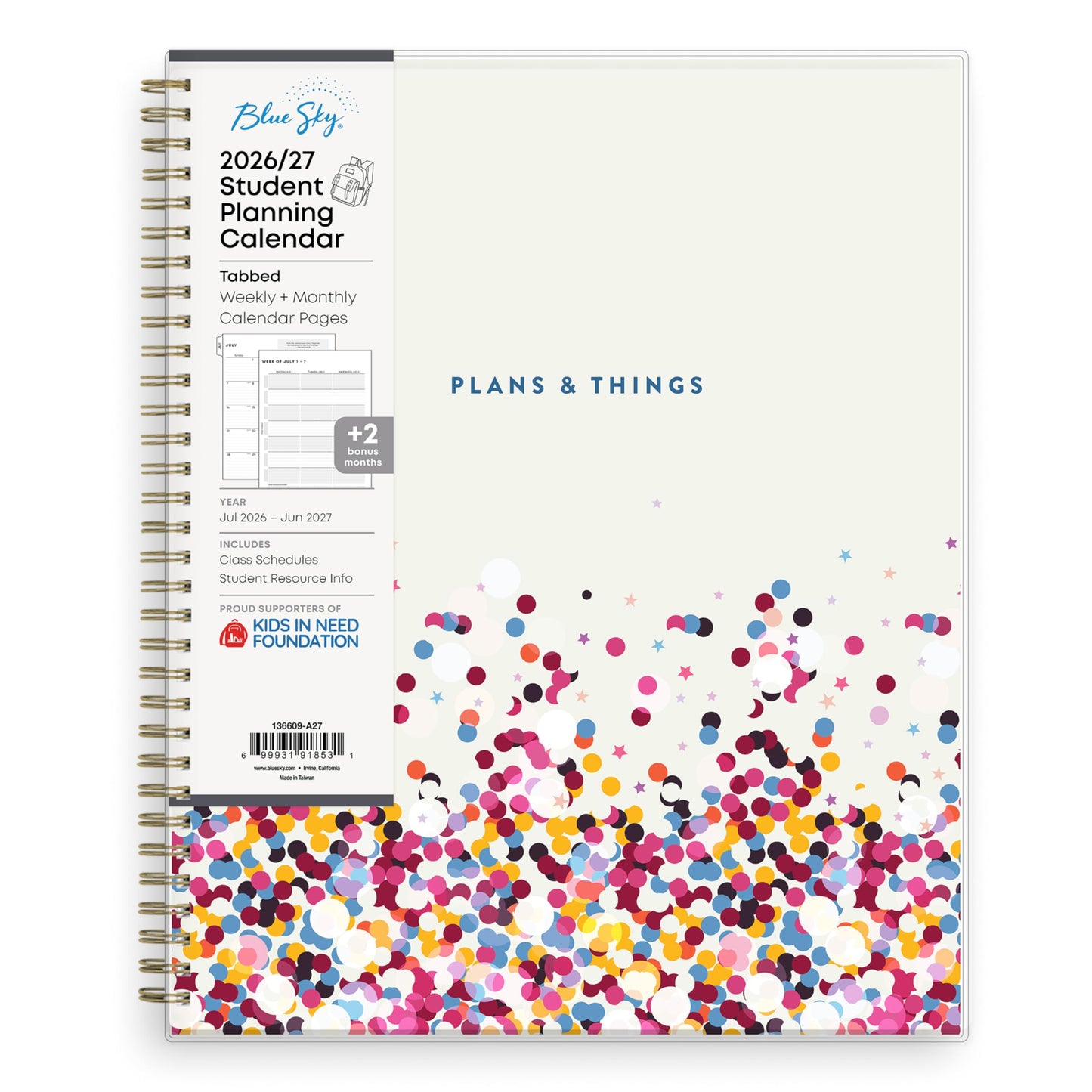 Blue Sky 2026-2027 Weekly and Monthly Academic Year Student Planner Calendar, July 2026 - June 2027, 8.5" x 11", Flexible Cover, Wirebound, Laminated Tabs, Star Confetti Bright